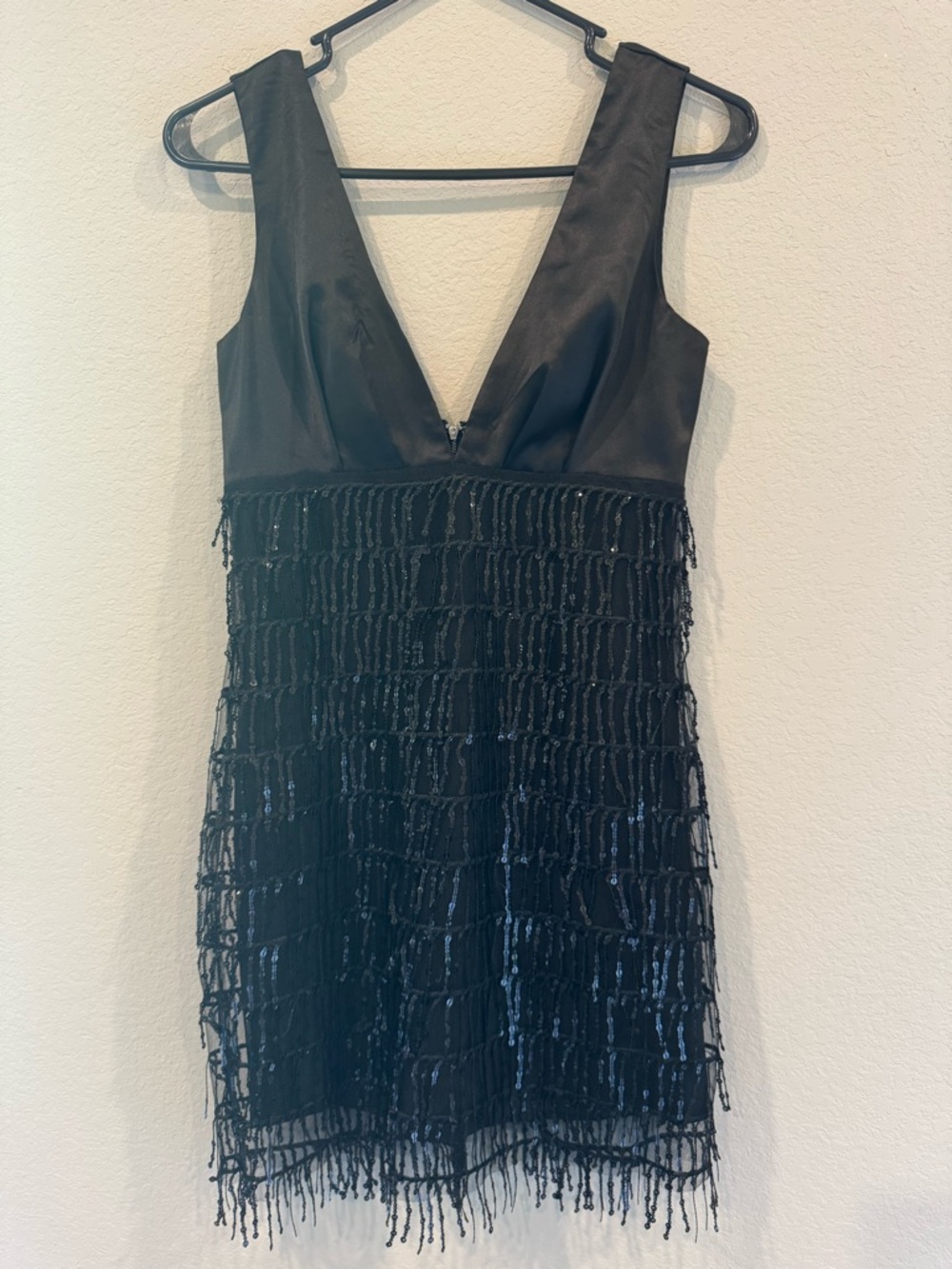 Lena Black Beaded Fringe V-Neck Mini Dress